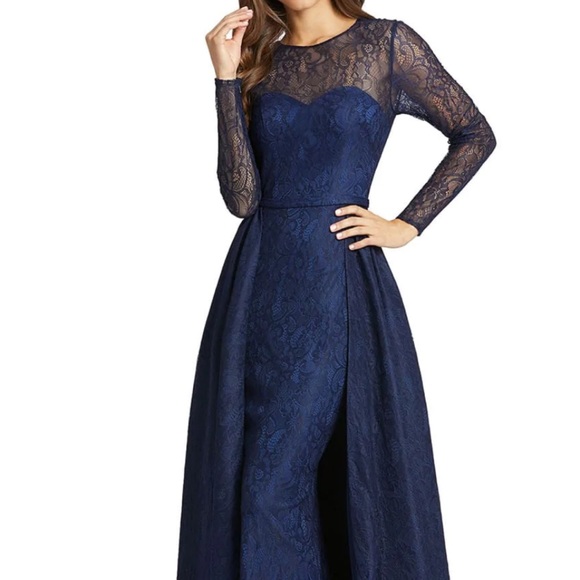 MAC DUGAL LONG SLEEVE LACE OVERSKIRT GOWN NAVY BLUE - Picture 4 of 6